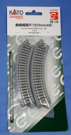 N Kato Unitrack Compact 150mm (6") Radius 45º Curve Track 4 pcs 20174 - MPM Hobbies