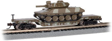 N Bachmann 52' Center-Depressed Flatcar - Green Camo with Sheridan Tank 71388 - MPM Hobbies