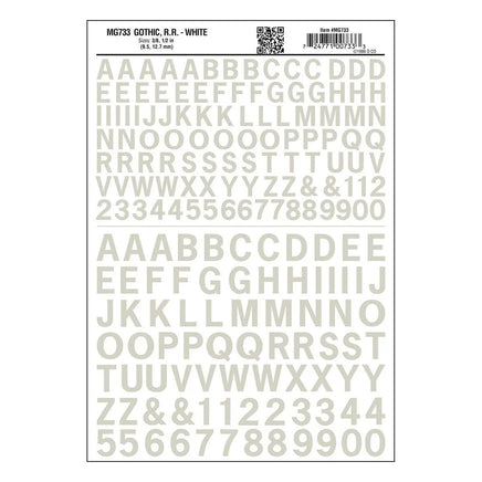 Woodland 3/8" - 1/2" Gothic R.R. Decal White 733 - MPM Hobbies