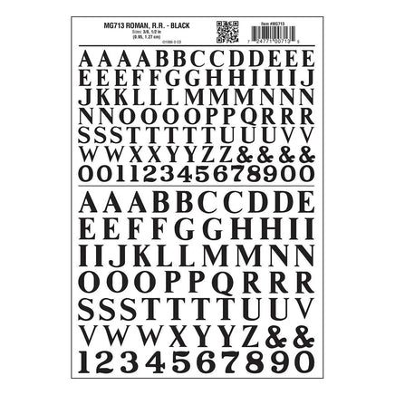 Woodland 3/8" - 1/2" Roman R.R. Decal Black 713 - MPM Hobbies