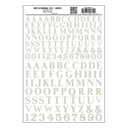 Woodland 3/8" - 1/2" Roman R.R. Decal White 714 - MPM Hobbies