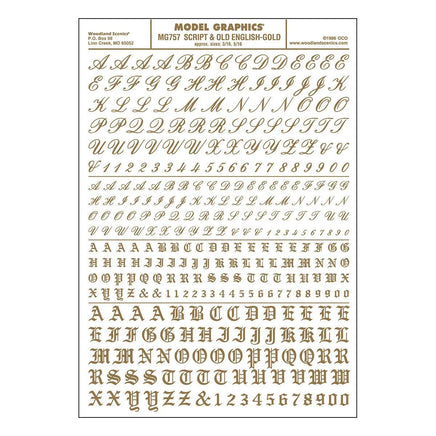 Woodland Script & Old English Decal Gold 757 - MPM Hobbies
