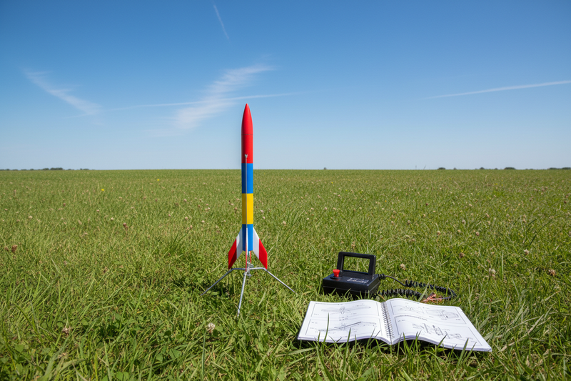 Colorful model rocket on a launch pad in an open grassy field with a launch controller and instruction booklet nearby