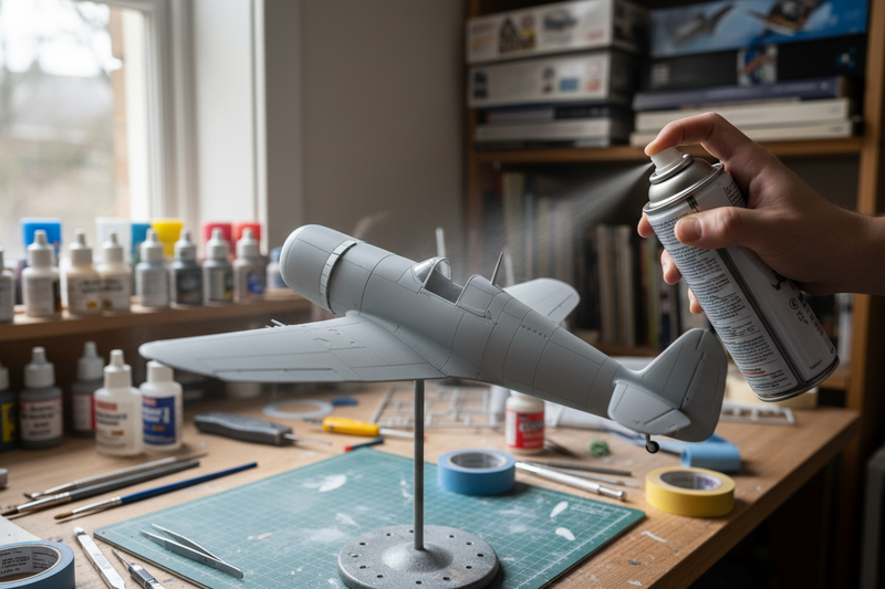 Scale model aircraft on a workbench being primed with gray spray primer
