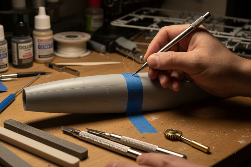 Modeler using a scribing tool along a tape guide to restore recessed panel lines and rivet rows on an unpainted plastic scale model aircraft fuselage
