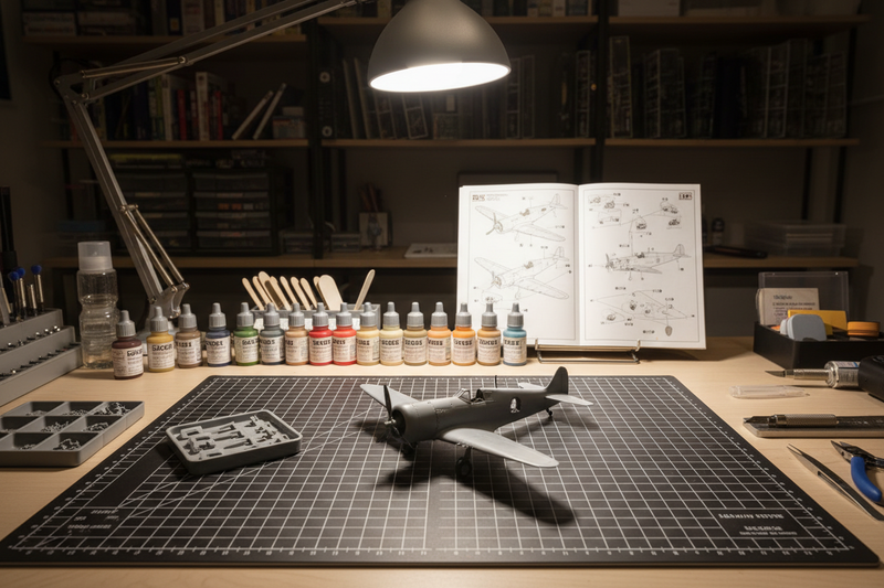 Organized scale-modeling workbench with a partially assembled model, cutting mat, tools, paints, parts tray, and desk lamp.