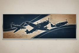 1/32 scale prop aircraft collection art with three vintage airplane silhouettes, blueprint background, MPM Hobbies