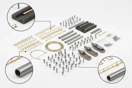 Tamiya 1/350 scale ship model accessories set with figures, boats, railings, and metal parts, available at MPM Hobbies.