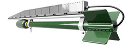 Green and silver military-style guided missile model with fins and wiring detail