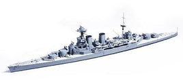 Detailed gray 1700 scale model battleship with guns, radar, and mast on white background