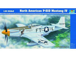 1:24 scale model box art of North American P-51D Mustang IV with silver fighter plane and yellow nose flying over green forest