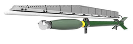 3D rendering of a green and gray missile or rocket mounted on a white launcher with a segmented metal rail system