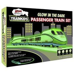 Glow in the dark passenger train set toy by Atlas Trainkids featuring green locomotive and cars