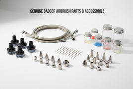 Genuine Badger airbrush parts, hoses, nozzles, needles, and paint jars on white background
