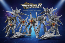 Bandai Hi-Metal R die-cast mecha figures and fighter jets on blue tech background, MPM Hobbies