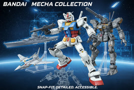 Bandai Mecha Collection model kits featuring Gundam robots, battleship, and jet on blue sci-fi background.
