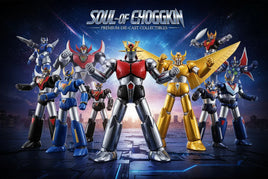 Bandai Soul of Chogokin die-cast collectible robot figures displayed on a futuristic city background, featured by MPM Hobbies.