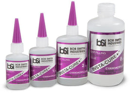 Four bottles of Bob Smith Industries Insta-Cure+ cyanoacrylate gap filling glue in varying sizes with purple nozzle caps