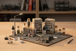 Professional diorama effects and scenic accessories for scale modeling including miniature vending machines, weathering products, and detail enhancement items arranged in artistic composition with warm lighting highlighting intricate craftsmanship