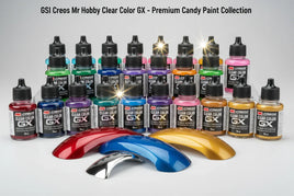 GSI Creos Mr Hobby Clear Color GX premium paint bottles with colorful sample panels, MPM Hobbies
