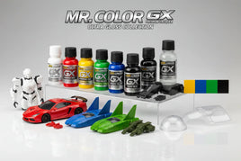 Mr. Color GX premium lacquer model paint set with toy cars, robot, and painted plastic figures