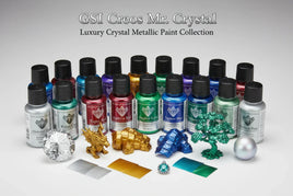 GSI Creos Mr. Crystal luxury crystal metallic paint bottles with painted miniatures and color swatches.