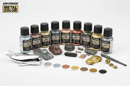GSI Creos Mr. Metal Color paints with painted model car, tanks, and swatches on white background