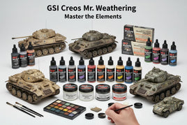 GSI Creos Mr. Weathering model paint set with painted military tank models, weathering powders, and brushes on display at MPM Hobbies.