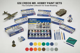 GSI Creos Mr. Hobby paint sets with model kits, brushes, and color samples for scale modeling from MPM Hobbies.