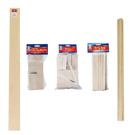 Various balsa wood crafting supplies including carving blocks, sheets, strips, and sticks in plastic packaging