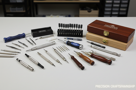 Professional modeling tools display: Tamiya screwdrivers, Excel precision instruments, Squadron applicators, Trumpeter chisels on workbench