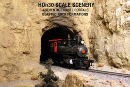 HO scale model train exiting a realistic rock tunnel portal, Monroe Models scenery, MPM Hobbies