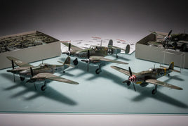 Scale model WWII aircraft kits with painted details and assembly instructions, MPM Hobbies