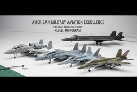 1/48 scale Revell-Monogram jet aircraft models featuring American military jets including A-10 Warthog, F-15 Eagle, SR-71 Blackbird, and F/A-18 Super Hornet with precision detail for classic USAF aviation modeling enthusiasts