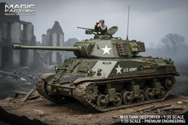 1:35 scale model of U.S. Army M10 tank destroyer by Magic Factory, displayed on diorama base.