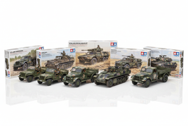 Tamiya 1/35 military vehicle kit boxes: Kubelwagen, jeeps, trucks, half-tracks, armored cars, WWII support vehicles on white