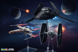 Revell Star Wars model ships including X-Wing, TIE Fighter, and Kylo Ren shuttle in space battle