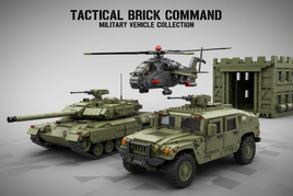 Military vehicle building block models including Humvee T-90 tank and WZ-10 helicopter in olive green and tan colors arranged in tactical formation