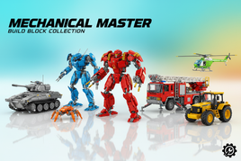 Mechanical Master building block mecha warriors and vehicles in red blue gray orange featuring articulated robots fire trucks helicopters farm equipment with technic construction details on clean surface
