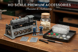 HO scale model train accessories with locomotive, figures, and parts on workbench, MPM Hobbies