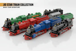 Colorful Jie-Star building block steam locomotives and trains featuring detailed construction in red blue green and black arranged on clean surface showing intricate brick-built railway models