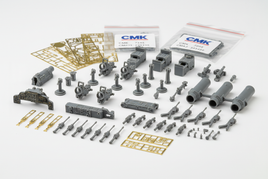 1/32 scale CMK aircraft aftermarket resin parts including P-51 Mustang gunsights, landing gear, Hurricane exhausts, machine guns and cockpit detail upgrades on white background