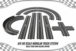 AFX HO scale slot car track sections including straight, curved, banked and specialty racing track pieces