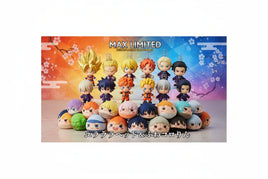 Assorted anime character figurines and plush toys pyramid, colorful background, MPM Hobbies collectibles