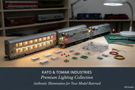 HO scale model train lighting kit with illuminated passenger car, Kato & Tomar Industries display at MPM Hobbies