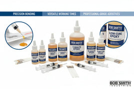 Bob Smith Industries epoxy adhesives set with syringes and applicators, ideal for model hobbies.