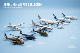Assorted aerial model airplanes and helicopters from MPM Hobbies miniatures collection on blue background