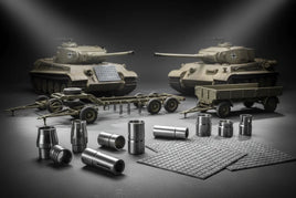 Scale model tanks, trailers, metal parts, and textured sheets on display, MPM Hobbies products.