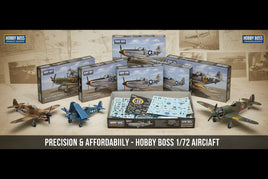 Hobby Boss 1/72 scale model aircraft kits and assembled airplane models displayed on table.