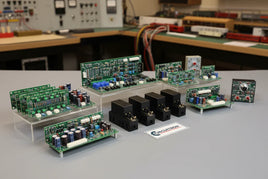 Assorted Circuitron model railroad electronic circuit boards and relays on display table at MPM Hobbies
